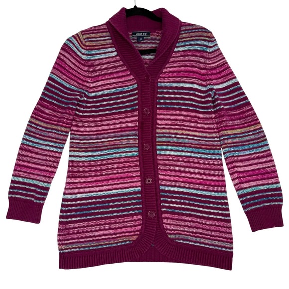 Lands' End Women's Shawl Collar Cardigan M Stripe Knit 100% Cotton Sweater - Picture 2 of 8